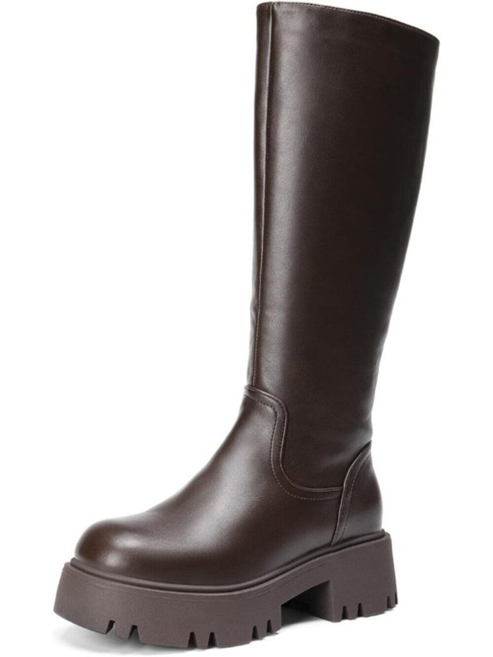 Women's Brown Round Toe Side Zipper Elastic Panel Platform Knee High Chunky Boot